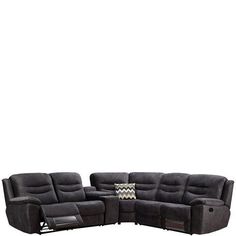 a grey sectional sofa with two recliners and a pillow on the back side