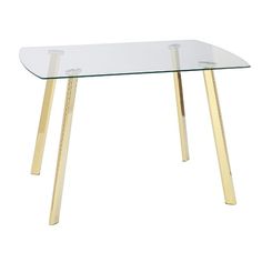 a glass table with gold legs on a white background