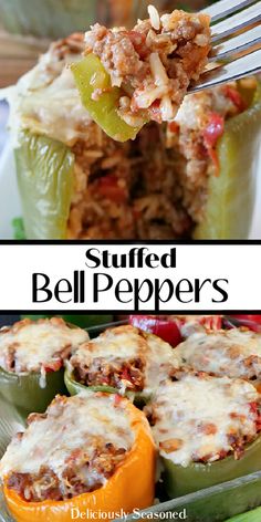 stuffed bell peppers on a plate with a fork in the middle and another side dish