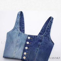 Lasaky - Denim Vest with Patchwork Back Design and Button Embellishments Button Embellishments, Y2k Tops, Denim Patchwork, Short Sleeve Cropped Top, Back Design, American Women, French Fashion, Vest Top, Denim Vest