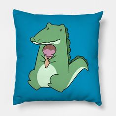 a pillow with a cartoon dinosaur eating an ice cream cone on it's back