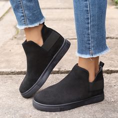 Women's Flat High Top Sneakers, Solid Color Round Toe Slip On Ankle Boots, Comfortable Suedette Shoes Casual Suede Ankle-high Martin Boots, Casual Slip-on Martin Boots For Fall, Casual Suede Booties With Round Toe, Casual High-top Booties For Fall, Spring Casual Low-top Booties, Black High-top Casual Booties, Casual Black High-top Booties, Casual Slip-on Booties For Fall, Casual Fall Slip-on Booties