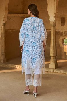 Blue lawn cotton kurta with floral and elepant print and chantilly lace embroidery. Paired with a lace applique pant and lace border dupatta. - Aza Fashions Kurta Pant Set, Cotton Kurta, Kurta With Pants, Lace Border, Chantilly Lace, Lace Embroidery, Pants Pattern, Pant Set, Lace Applique