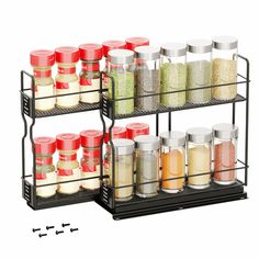 an image of spice rack with spices and seasonings on it's sides for storage