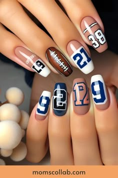 15 Superbowl Nail Designs to Unleash Your Football Team Spirit Football Inspired Nails, Football Nail Ideas, Football Season Nails, Superbowl Nails, Sporty Nails, Sport Nails