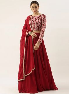 Shop Maroon Georgette Embroidered Boat Neck Lehenga Festive Wear | Ready to wear dresses for women - GHBS02104283RTW Georgette Kurtis Designer Plain, Plain Georgette Lehenga, Georgette Kurtis, Red Lehenga Choli, Georgette Lehenga, Yellow Lehenga, Plain Red, Lehenga Choli Online, Red Lehenga