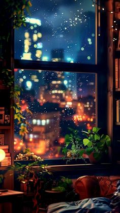 a room with a window that has a view of the city at night from it