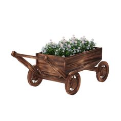 a wooden wagon with flowers in it