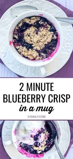 blueberry crisp in a mug with yogurt and granola