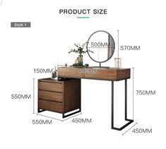 an image of a wooden desk with drawers and mirror on the top, measurements for each drawer