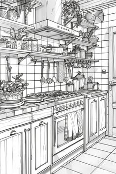 a drawing of a kitchen with pots and pans on the stove