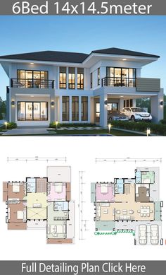 two story house plan with 4 beds and 4 bathrooms in the front, four car garages