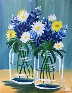 a painting of blue and white flowers in glass vases