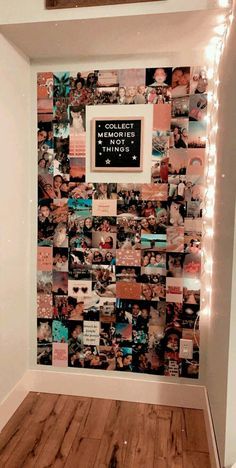 a wall with pictures and lights on it