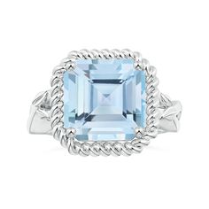 Nature Inspired GIA Certified Square Emerald-Cut Aquamarine Ring with Halo Square Cut Rings, Knife Edge Ring, Emerald Cut Aquamarine Ring, Ring With Halo, Emerald Cut Halo, Bracelet Love, Aquamarine Ring, Twisted Wire, Gold Halo