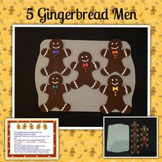 the gingerbread men are on display in front of a yellow and black background with an orange border