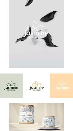 the logo for jasmine coffee is shown in three different colors and styles, including black