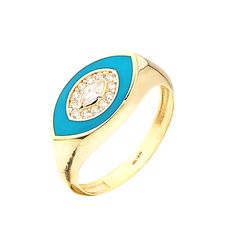 "Evil Eye Enamel Ring in 14K Gold/ Vintage Evil Eye Blue Enamel Ring/ Gold Signet Ring/ Anniversary Ring/ Protection Ring/ Christmas Gift Elegant ring set in 14K yellow gold ring featuring evil eye design. The stunning Ring is your best choice and the best gift for the ones you want to cherish on Valentine's Day, Christmas, Birthday, Mother's Day and other important occasions. Made to Order *Gold KT: 14K Solid Gold *Gold Color: Available in Yellow Gold *Gemstone :Cubic Zirconia *Average Weight: