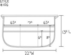 a drawing of the back side of a purse with measurements and measurements for each section