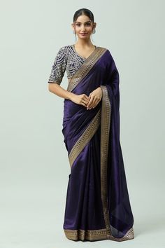 Purple kora dupion saree with contrast hand embroidered border in geometric pattern. - Aza Fashions Jayanti Reddy, Border Saree, Saree For Women, Embroidered Border, Geometric Fabric, Aza Fashion, Hand Embroidered, Geometric Pattern, Custom Made