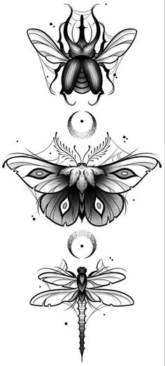 three different types of tattoos on the back of their bodies and wings, each with an insect