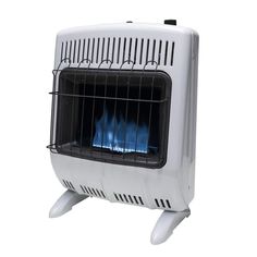 a white electric heater with blue flames on the front and back sides, against a white background