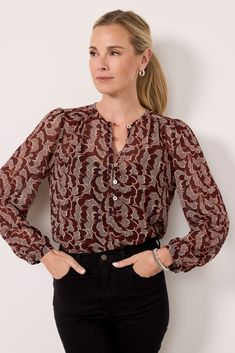 Finished in printed chiffon fabric, the Alanna blouse by EVEREVE is the perfect fall-forward top, featuring a half button-front placket, flowy fit, and long puff sleeves. Style for the season with your favorite jeans or trousers. Fall Forward, Sleeves Style, Long Puff Sleeves, Chiffon Blouse, Chiffon Fabric, Fashion Flats, Get Dressed, Favorite Jeans, Puff Sleeves