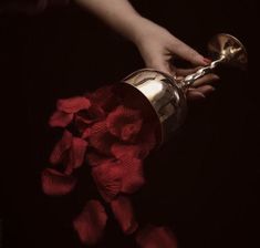 a woman's hand holding a silver cup with red flowers on it and petals scattered around