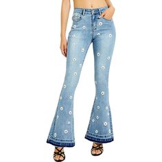 Elevate your denim game with the Anna-Kaci Women's Floral Daisy Embroidered Mid Rise Bell Bottom Jeans, featuring charming daisy floral embroidery throughout. Embodying the retro era's signature denim bottoms with a cute flare, these jeans combine vintage style with modern premium cotton materials, making them your go-to piece for any occasion. Bell Jeans, Denim Bottoms, Retro Era, Upcycle Jeans, Bottom Jeans, Bell Bottom, Bottom Clothes, Light Denim, Floral Embroidery