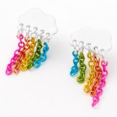 These unique earrings are sure to get you noticed! Silver-tone cloud studs are raining a rainbow of colorful chains that will swing and shine as you move through your day. Finish: Silver-tone Closure: Post back Material: Metal - Claire's Silver Rainbow Chain Cloud Stud Earrings Vocaloid Accessories, Bird Eyes, Pride Pins, Rainbow Dresses, Claires Earrings, Diy Crafts For Girls, Earrings For Girls, Custom Boots, Kawaii Jewelry