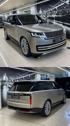 two different views of an suv in a showroom, one is silver and the other is black