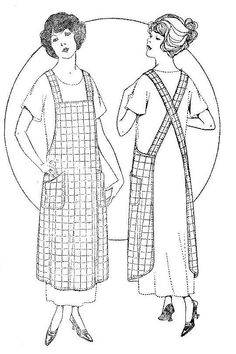 two women wearing aprons and dresses, one with an apron on the other side