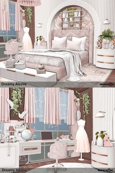 two different views of a bedroom with pink curtains