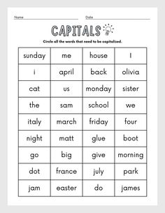 capital worksheet with capital words