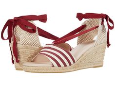 Eric Michael Sara - Women's Shoes : Bordeau Stripe : Make sure you're vacation-ready with the Eric Michael Sara espadrille sandal. The wedge boasts a striped canvas upper fixed with a lace accent that goes over the instep and ties at the back heel. Leather lining and footbed. Jute-wrapped midsole. Man-made outsole. Made in Spain. Measurements: Heel Height: 2 1 2 in Weight: 10 oz Platform Height: 3 4 in Product measurements were taken using size 38 (US Women's 7.5-8), width M (B). Please note tha Adjustable Lace-up Wedge Heel Sandals For Vacation, Summer Beach Lace-up Sandals With Cushioned Footbed, Casual Striped Sandals For Beach, Lace-up Espadrille Wedge Sandals For Summer, Striped Open Toe Casual Sandals, Summer Lace-up Espadrille Wedge Sandals, Striped Open Toe Sandals For Summer, Casual Striped Open Toe Sandals, Summer Lace-up Wedge Sandals For The Beach