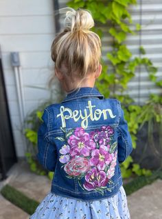 One of a kind, custom, made-to-order jackets - great for back-to-school and gifts for any child! Custom jackets may be purchased from varying vendors (upcycled/thrifted upon request), and vary in style due to size and availability. If you would like a  specific brand (Levi's, Gap, etc.) please message before placing an order - I'm happy to accommodate requests where I can, different jacket brands may change pricing. Current in-stock jackets are from Children's Place.  TIME-FRAME: Jackets are han Mommy And Me Disney Jean Jacket, Casual Spring Outerwear For Birthday, Spring Birthday Long Sleeve Outerwear, Painted Blue Jean Jacket, Painted Jean Jacket, Flower Jacket, Custom Jean Jacket, Hand Painted Denim, Birthday Painting