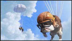 a dog is flying in the sky with two parachutes