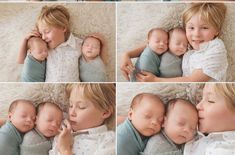 a collage of photos shows a woman holding two babies and kissing the baby's cheek