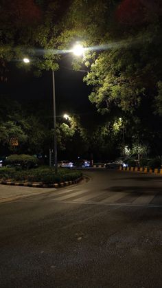 an empty parking lot at night with street lights shining on the trees and bushes around it