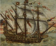 an old painting of a sailing ship in the ocean with flags flying from it's masts