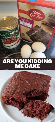 three ingredient cake mix on a white plate with chocolate cake and eggs in the background