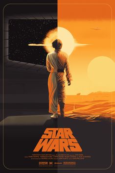 the poster for star wars is displayed in front of an orange sky with a man standing on