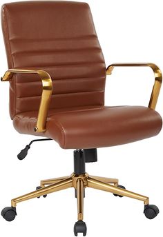 a brown office chair with gold arms and wheels