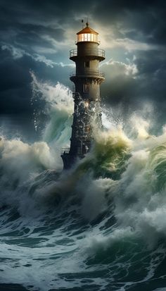 a lighthouse in the middle of a stormy ocean with waves crashing around it and dark clouds overhead