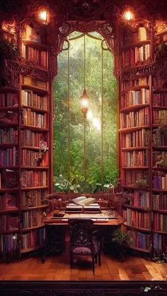 an open bookcase filled with lots of books next to a desk and chair in front of a window