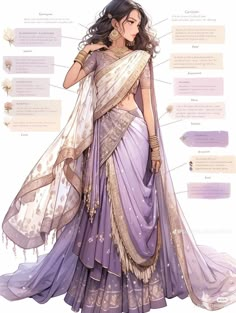 a woman in a purple and white sari with her name written on the side