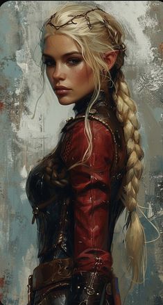 a painting of a woman with blonde hair and braids wearing a red leather outfit