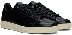 Low-top croc-embossed leather sneakers in black. · Lace-up closure · Logo printed at tongue and heel collar · Padded collar · Treaded rubber sole Supplier color: Black/Cream Black Low-top Sneakers With Crocodile Pattern, Luxury Low-top Crocodile Pattern Sneakers, Ford Black, Black Print, Black Cream, Sneakers Black, Leather Sneakers, Embossed Leather, Tom Ford