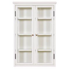 a white bookcase with two glass doors