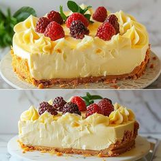 two pictures of a cheesecake with raspberries on top